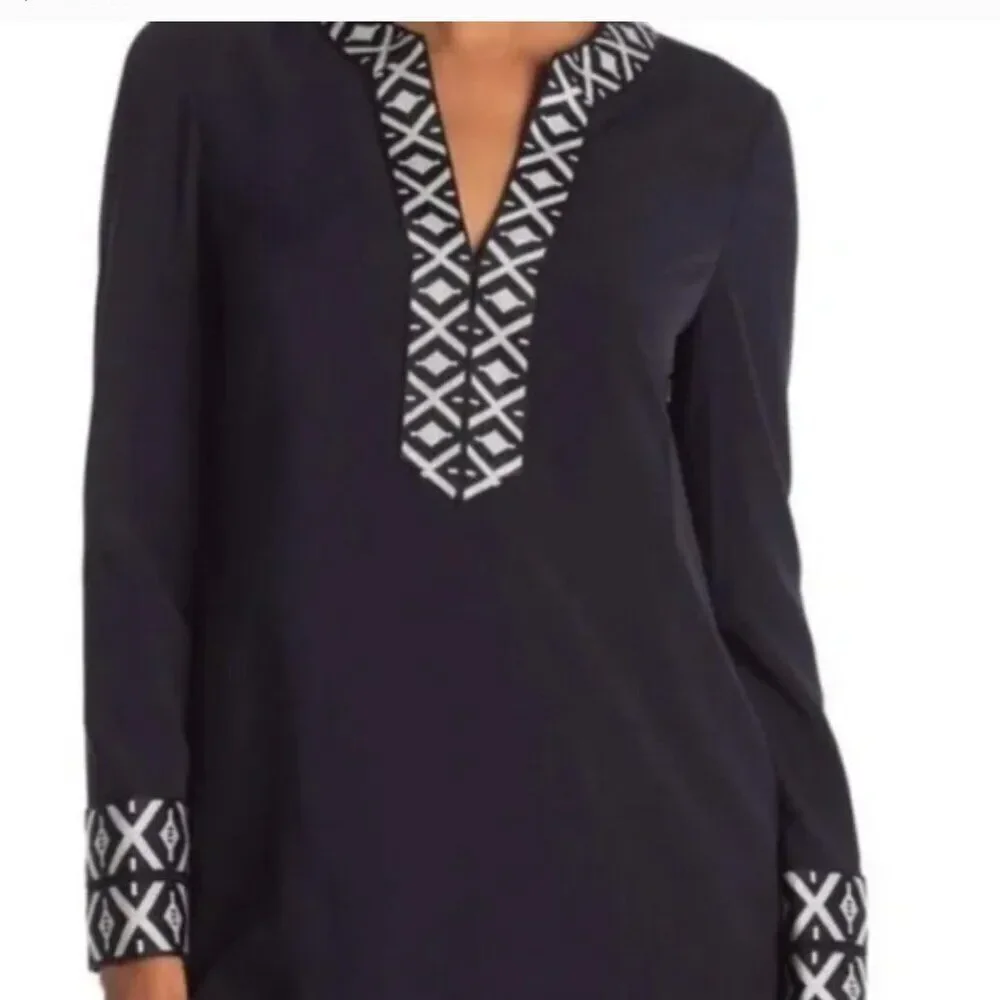 Tory Burch Womens Tunic With Taping Popover Blouse Top Size 4 Navy Blue NWT $295